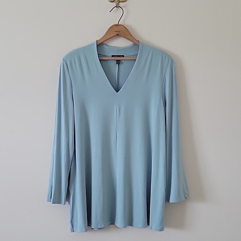 Eileen Fisher Light Sage V-Neck Long Wide Sleeve Tunic Top Size Medium